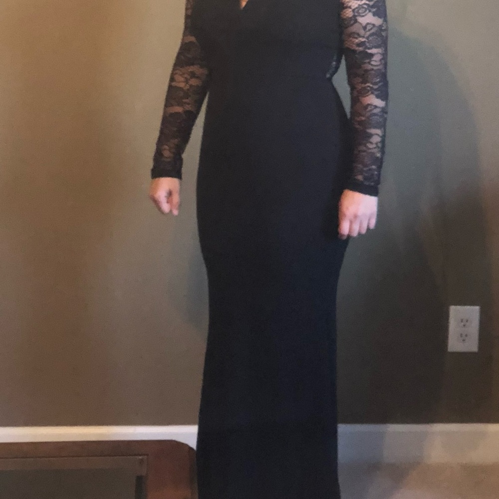 Black evening gown with lace sleeves